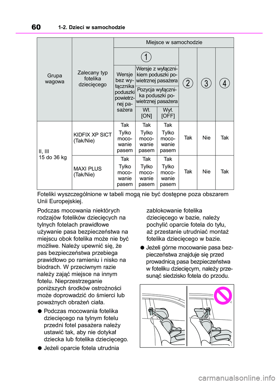 TOYOTA RAV4 2019 Instrukcja obsługi (in Polish) Podczas mocowania niektórych
rodzajów fotelików dzieci´cych na
tylnych fotelach prawid∏owe
u˝ywanie pasa bezpieczeƒstwa na
miejscu obok fotelika mo˝e nie byç
mo˝liwe. Nale˝y upewniç si´, TOYOTA RAV4 2019 Instrukcja obsługi (in Polish) Podczas mocowania niektórych
rodzajów fotelików dzieci´cych na
tylnych fotelach prawid∏owe
u˝ywanie pasa bezpieczeƒstwa na
miejscu obok fotelika mo˝e nie byç
mo˝liwe. Nale˝y upewniç si´,
