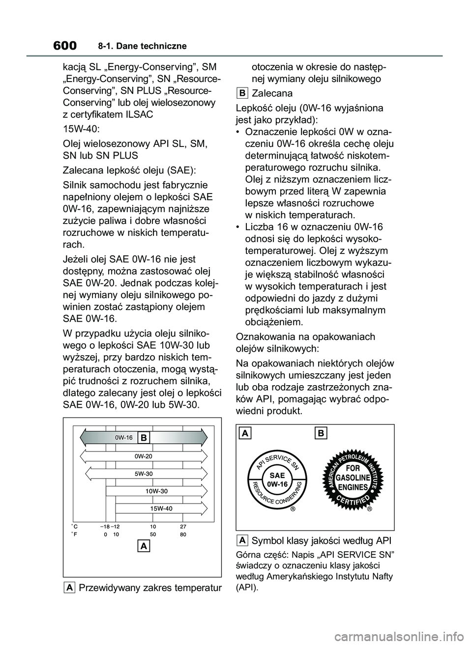 TOYOTA RAV4 2019  Instrukcja obsługi (in Polish) kacjà SL „Energy-Conserving”, SM
„Energy-Conserving”, SN „Resource-
Conserving”, SN PLUS „Resource-
Conserving” lub olej wielosezonowy
z cer tyfikatem ILSAC
15W-40:
Olej wielosezonowy
