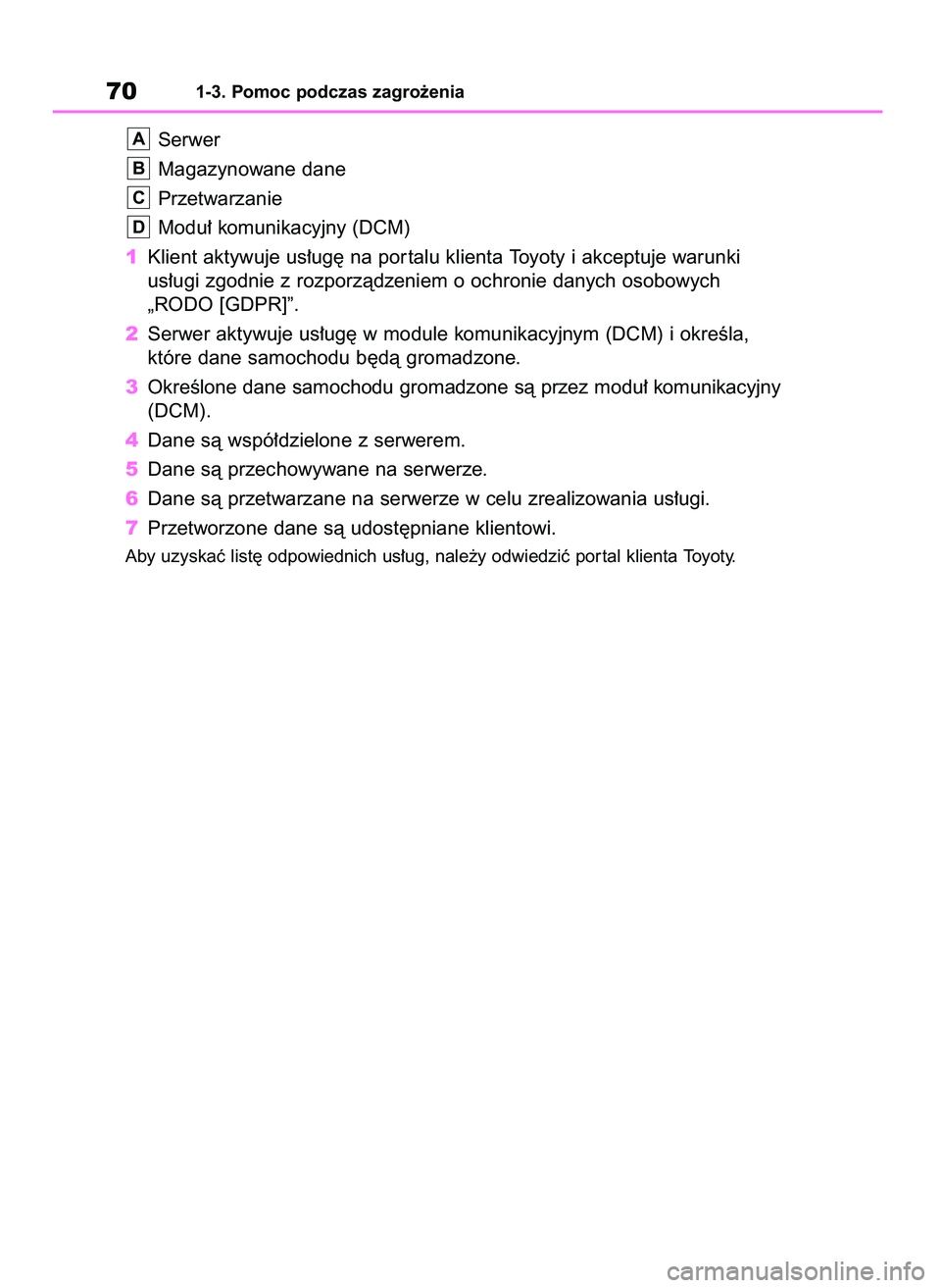 TOYOTA RAV4 2019  Instrukcja obsługi (in Polish) 701-3. Pomoc podczas zagro˝enia
Serwer
Magazynowane dane
Przetwarzanie
Modu∏ komunikacyjny (DCM)
1Klient aktywuje us∏ug´ na por talu klienta Toyoty i akceptuje warunki
us∏ugi zgodnie z rozporz