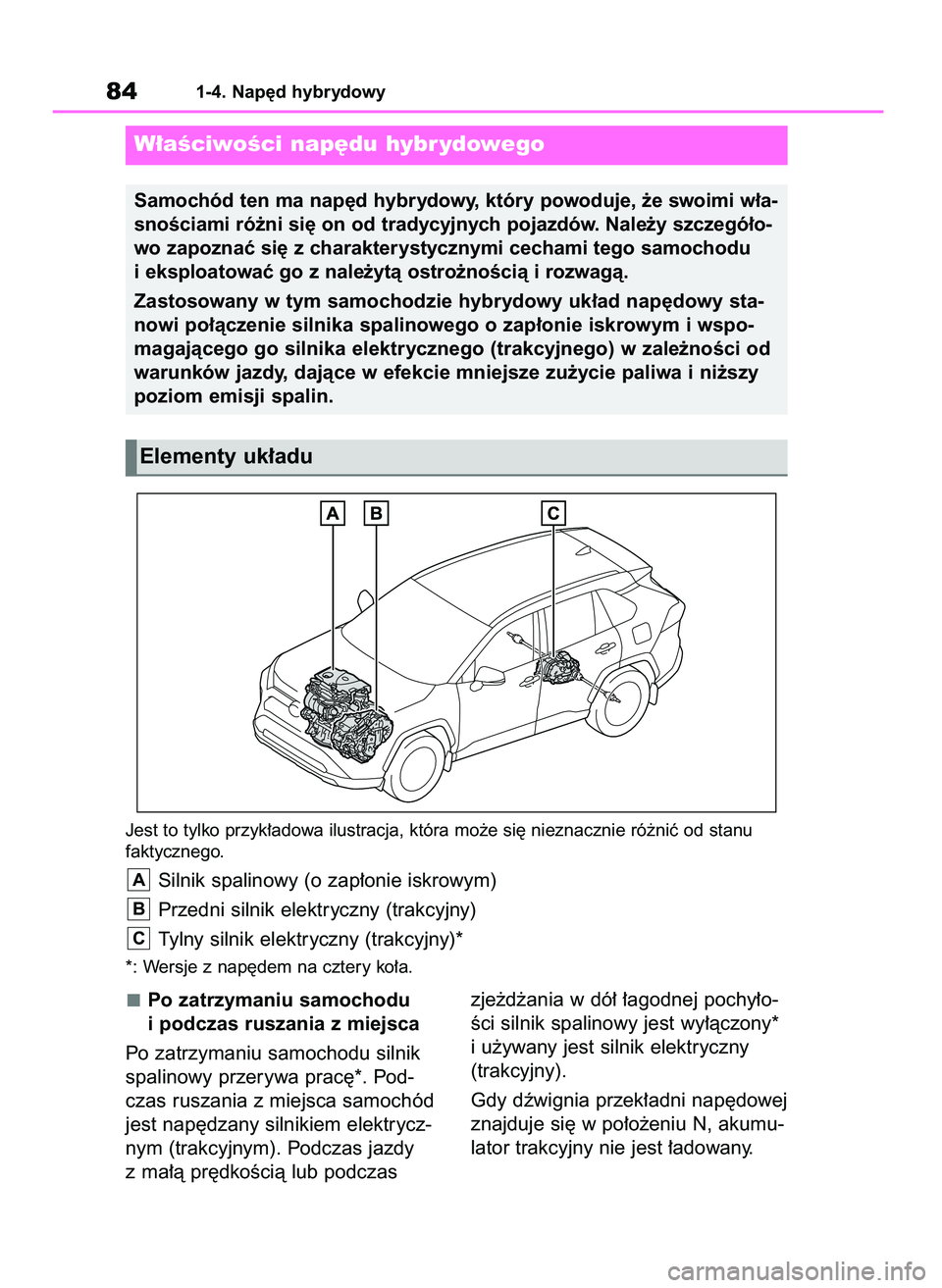 TOYOTA RAV4 2019 Instrukcja obsługi (in Polish) Po zatrzymaniu samochodu
i podczas ruszania z miejsca
Po zatrzymaniu samochodu silnik
spalinowy przerywa prac´*. Pod-
czas ruszania z miejsca samochód
jest nap´dzany silnikiem elektrycz-
nym (trakc TOYOTA RAV4 2019 Instrukcja obsługi (in Polish) Po zatrzymaniu samochodu
i podczas ruszania z miejsca
Po zatrzymaniu samochodu silnik
spalinowy przerywa prac´*. Pod-
czas ruszania z miejsca samochód
jest nap´dzany silnikiem elektrycz-
nym (trakc
