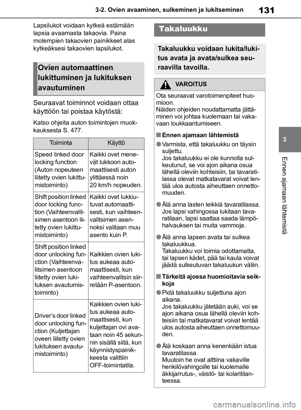 TOYOTA RAV4 2019 Omistajan Käsikirja (in Finnish) 131
3
3-2. Ovien avaaminen, sulk
eminen ja lukitseminen
Ennen ajamaan lähtemistä
Lapsilukot voidaan kytkeä estämään
lapsia avaamasta takaovia. Paina
molempien takaovien painikkeet alas
kytke TOYOTA RAV4 2019 Omistajan Käsikirja (in Finnish) 131
3
3-2. Ovien avaaminen, sulk
eminen ja lukitseminen
Ennen ajamaan lähtemistä
Lapsilukot voidaan kytkeä estämään
lapsia avaamasta takaovia. Paina
molempien takaovien painikkeet alas
kytke