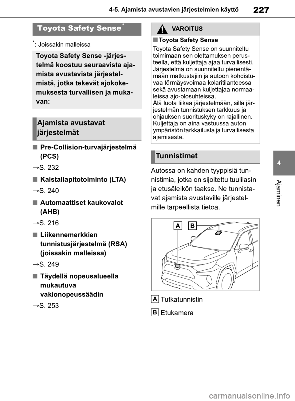 TOYOTA RAV4 2019 Omistajan Käsikirja (in Finnish) 227
4
4-5. Ajamista avustavien järjestelmien käyttö
Ajaminen
4-5.Ajamista avustavien järjestelmien käyttö
*: Joissakin malleissa
nPre-Collision-turvajärjestelmä
(PCS)
S. 232
nKaistallapit TOYOTA RAV4 2019 Omistajan Käsikirja (in Finnish) 227
4
4-5. Ajamista avustavien järjestelmien käyttö
Ajaminen
4-5.Ajamista avustavien järjestelmien käyttö
*: Joissakin malleissa
nPre-Collision-turvajärjestelmä
(PCS)
S. 232
nKaistallapit