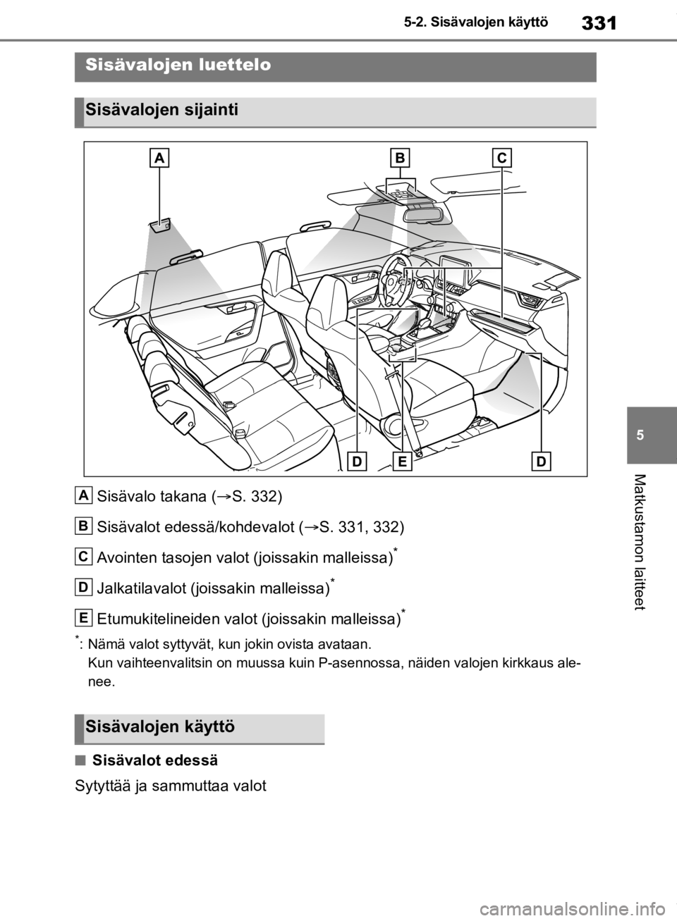 TOYOTA RAV4 2019  Omistajan Käsikirja (in Finnish) 331
5
5-2. Sisävalojen käyttö
Matkustamon laitteet
5-2.Sisävalojen käyttö
Sisävalo takana (
S. 332)
Sisävalot edessä/kohdevalot ( S. 331, 332)
Avointen tasojen valo t (joissakin malleis