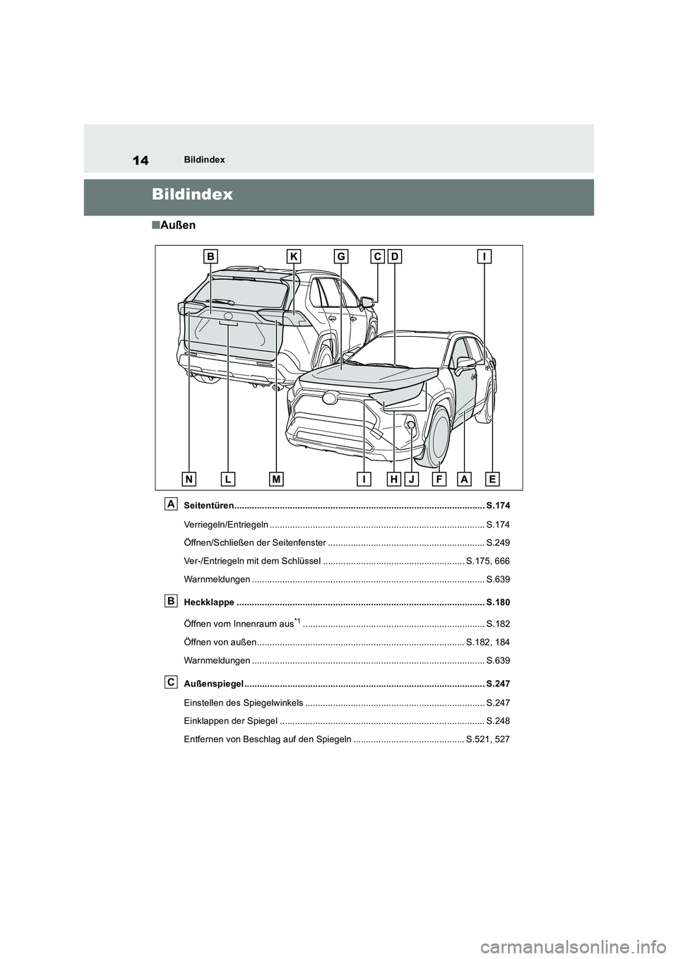 TOYOTA RAV4 2018 Betriebsanleitungen (in German) 14Bildindex
Bildindex
■Außen
Seitentüren................................................................................................... S.174
Verriegeln/Entriegeln ............................ TOYOTA RAV4 2018 Betriebsanleitungen (in German) 14Bildindex
Bildindex
■Außen
Seitentüren................................................................................................... S.174
Verriegeln/Entriegeln ............................