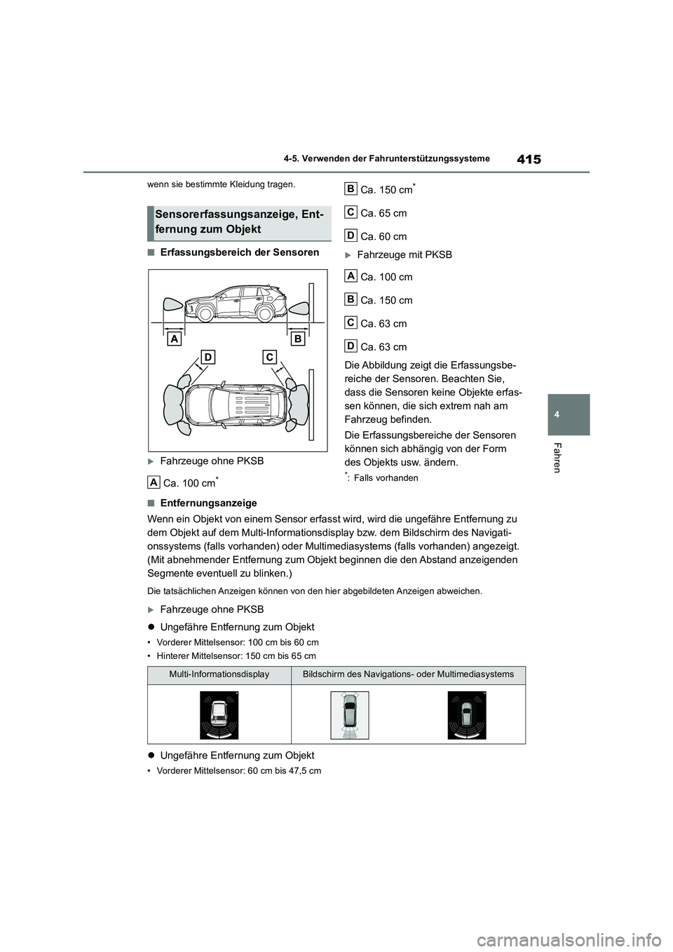 TOYOTA RAV4 2018 Betriebsanleitungen (in German) 415
4 4-5. Verwenden der Fahrunterstützungssysteme
Fahren
wenn sie bestimmte Kleidung tragen.
■Erfassungsbereich der Sensoren
Fahrzeuge ohne PKSB
Ca. 100 cm
*
Ca. 150 cm*
Ca. 65 cm
Ca. 60 cm
TOYOTA RAV4 2018 Betriebsanleitungen (in German) 415
4 4-5. Verwenden der Fahrunterstützungssysteme
Fahren
wenn sie bestimmte Kleidung tragen.
■Erfassungsbereich der Sensoren
Fahrzeuge ohne PKSB
Ca. 100 cm
*
Ca. 150 cm*
Ca. 65 cm
Ca. 60 cm
