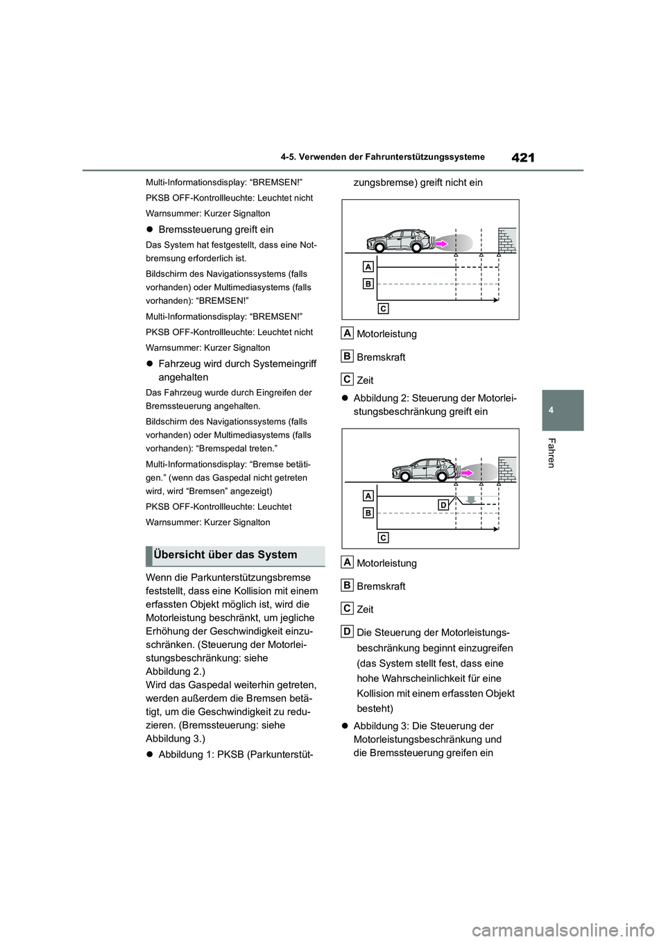 TOYOTA RAV4 2018 Betriebsanleitungen (in German) 421
4 4-5. Verwenden der Fahrunterstützungssysteme
Fahren
Multi-Informationsdisplay: “BREMSEN!”
PKSB OFF-Kontrollleuchte: Leuchtet nicht
Warnsummer: Kurzer Signalton
Bremssteuerung greift ein
TOYOTA RAV4 2018 Betriebsanleitungen (in German) 421
4 4-5. Verwenden der Fahrunterstützungssysteme
Fahren
Multi-Informationsdisplay: “BREMSEN!”
PKSB OFF-Kontrollleuchte: Leuchtet nicht
Warnsummer: Kurzer Signalton
Bremssteuerung greift ein