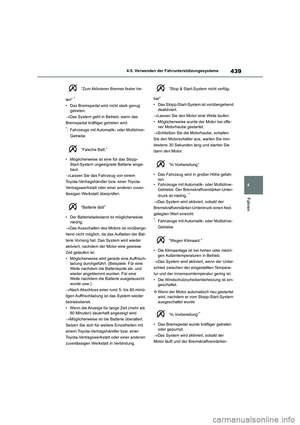 TOYOTA RAV4 2018 Betriebsanleitungen (in German) 439
4 4-5. Verwenden der Fahrunterstützungssysteme
Fahren
“Zum Aktivieren Bremse fester tre-
ten”
*
• Das Bremspedal wird nicht stark genug
getreten.
Das System geht in Betrieb, wenn das TOYOTA RAV4 2018 Betriebsanleitungen (in German) 439
4 4-5. Verwenden der Fahrunterstützungssysteme
Fahren
“Zum Aktivieren Bremse fester tre-
ten”
*
• Das Bremspedal wird nicht stark genug
getreten.
Das System geht in Betrieb, wenn das