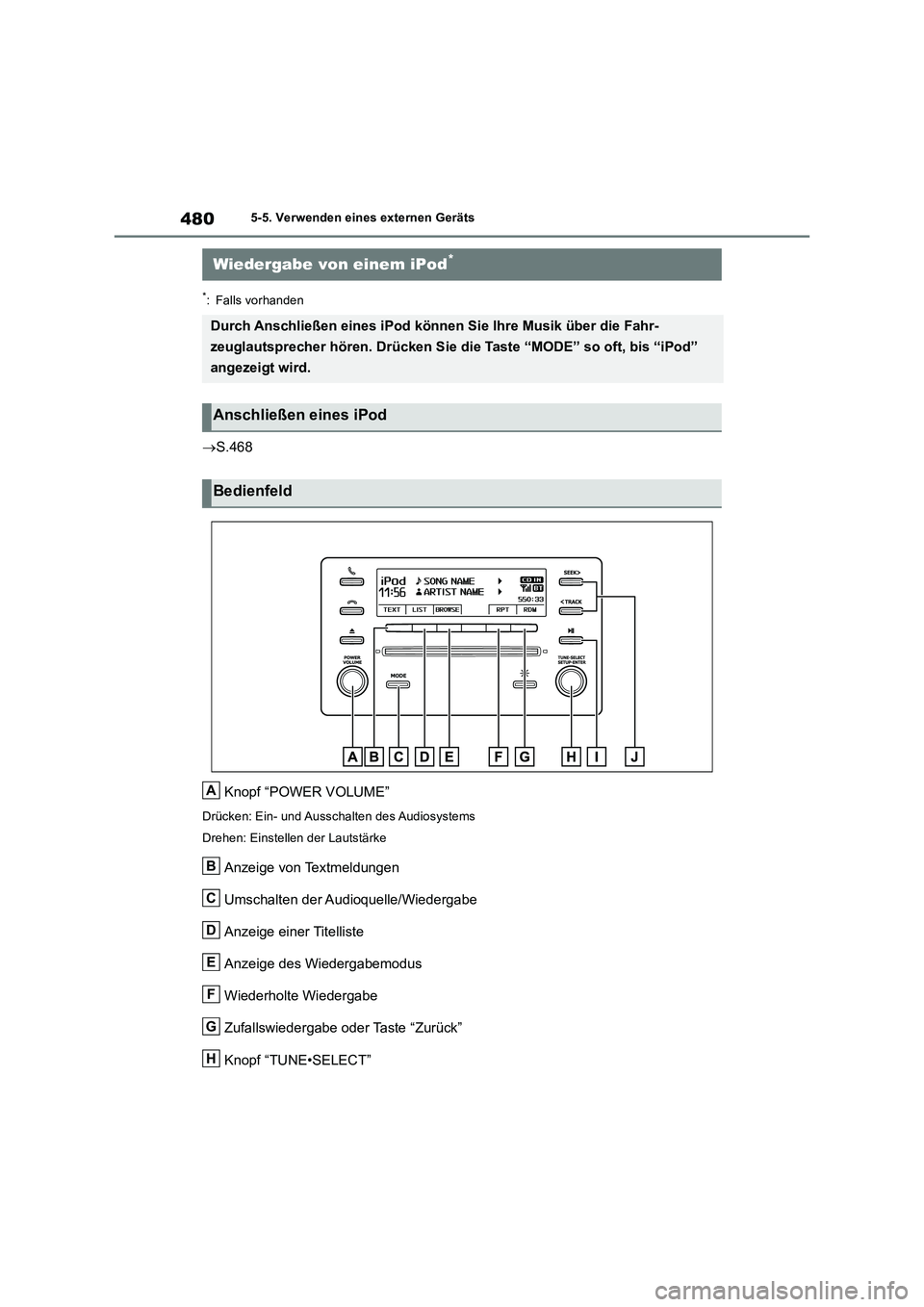 TOYOTA RAV4 2018  Betriebsanleitungen (in German) 4805-5. Verwenden eines externen Geräts
5-5.Verwende n e ine s extern en Gerä ts
*: Falls vorhanden
S.468
Knopf “POWER VOLUME”
Drücken: Ein- und Ausschalten des Audiosystems
Drehen: Einstell