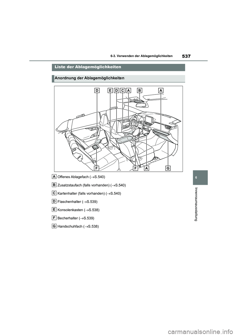 TOYOTA RAV4 2018  Betriebsanleitungen (in German) 537
6 6-3. Verwenden der Ablagemöglichkeiten
Innenraumausstattung
6-3.Verwende n d er Ab lag emöglic hkeite n
Offenes Ablagefach (S.540)
Zusatzstaufach (falls vorhanden) (S.540)
Kartenhalter (