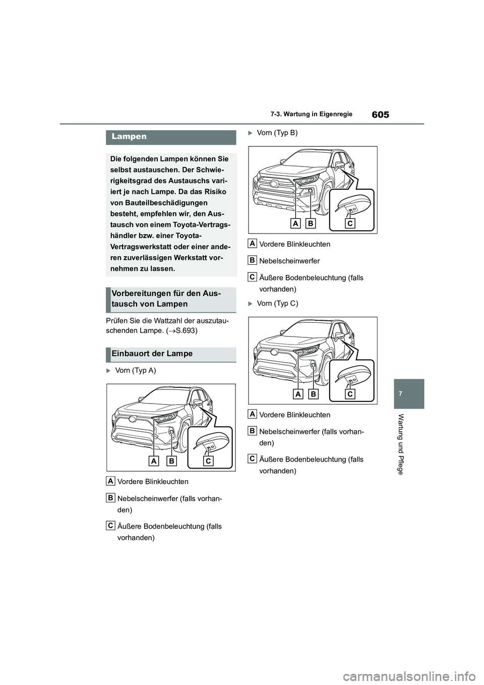 TOYOTA RAV4 2018  Betriebsanleitungen (in German) 605
7 
7-3. Wartung in Eigenregie
Wartung und Pflege
Prüfen Sie die Wattzahl der auszutau- 
schenden Lampe. ( S.693)
Vorn (Typ A) 
Vordere Blinkleuchten 
Nebelscheinwerfer (falls vorhan- 
den) 