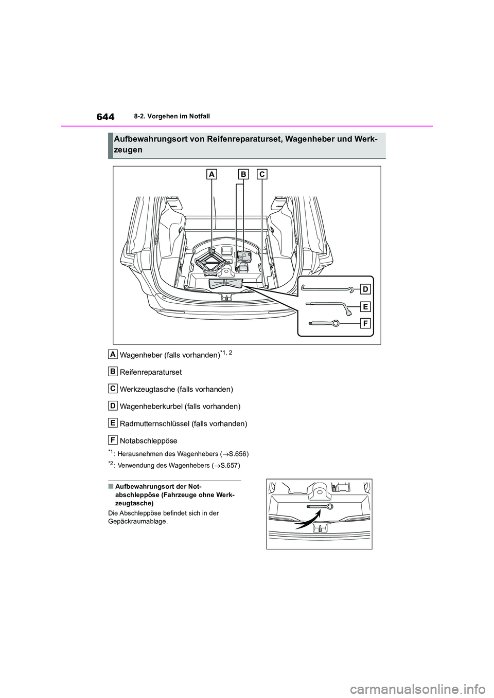 TOYOTA RAV4 2018  Betriebsanleitungen (in German) 6448-2. Vorgehen im Notfall
Wagenheber (falls vorhanden)*1, 2
Reifenreparaturset 
Werkzeugtasche (falls vorhanden)
Wagenheberkurbel (falls vorhanden) 
Radmutternschlüssel (falls vorhanden) 
Notabschl