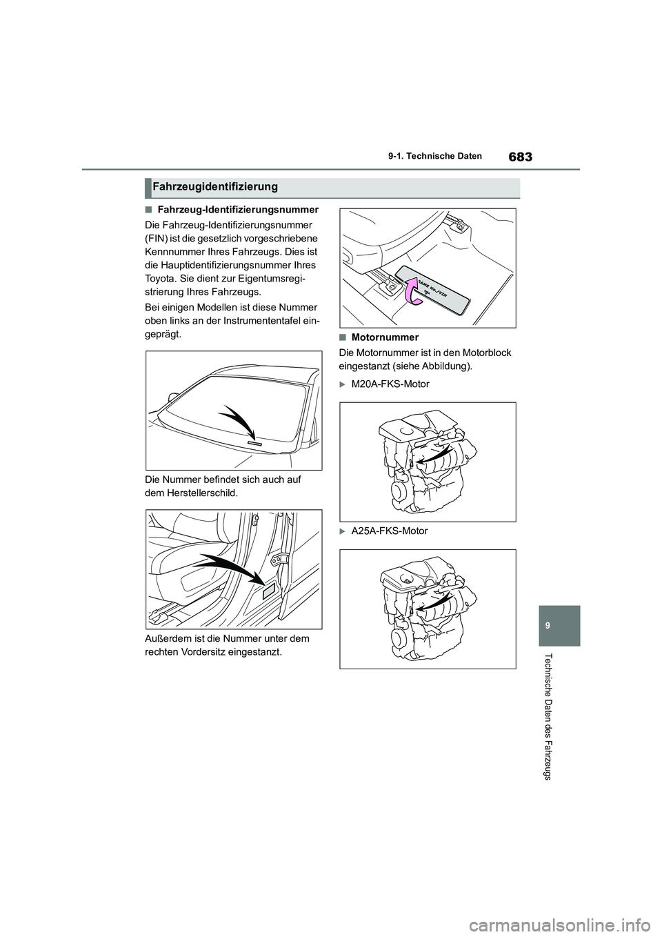 TOYOTA RAV4 2018  Betriebsanleitungen (in German) 683
9 
9-1. Technische Daten
Technische Daten des Fahrzeugs
■Fahrzeug-Identifizierungsnummer 
Die Fahrzeug-Identifizierungsnummer  
(FIN) ist die gesetzlich vorgeschriebene 
Kennnummer Ihres Fahrzeu