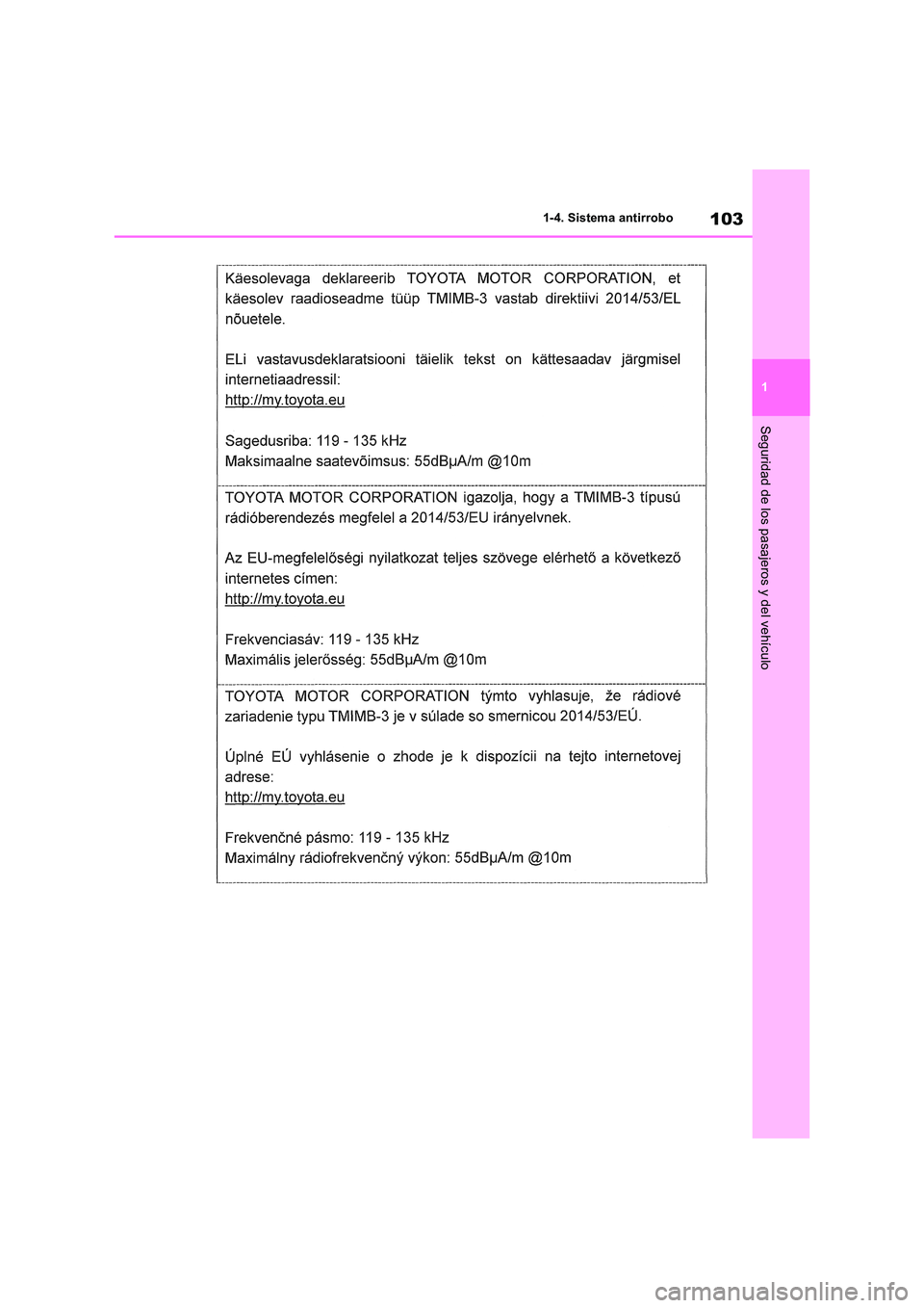 TOYOTA RAV4 2018  Manual del propietario (in Spanish) 103
1 
1-4. Sistema antirrobo
Seguridad de los pasajeros y del vehículo 