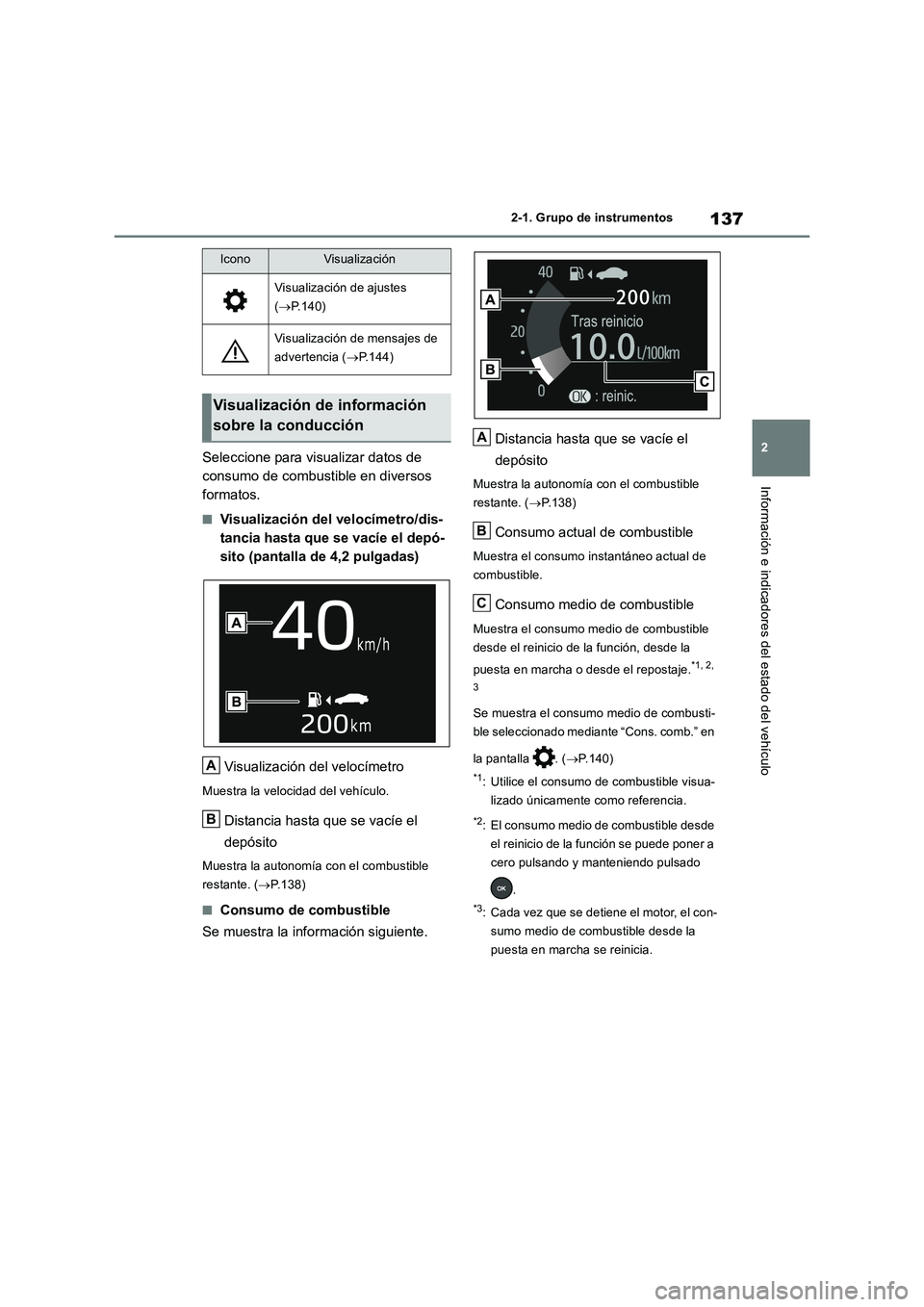 TOYOTA RAV4 2018 Manual del propietario (in Spanish) 137
2 2-1. Grupo de instrumentos
Información e indicadores del estado del vehículo
Seleccione para visualizar datos de
consumo de combustible en diversos
formatos.
■Visualización del velocímet TOYOTA RAV4 2018 Manual del propietario (in Spanish) 137
2 2-1. Grupo de instrumentos
Información e indicadores del estado del vehículo
Seleccione para visualizar datos de
consumo de combustible en diversos
formatos.
■Visualización del velocímet