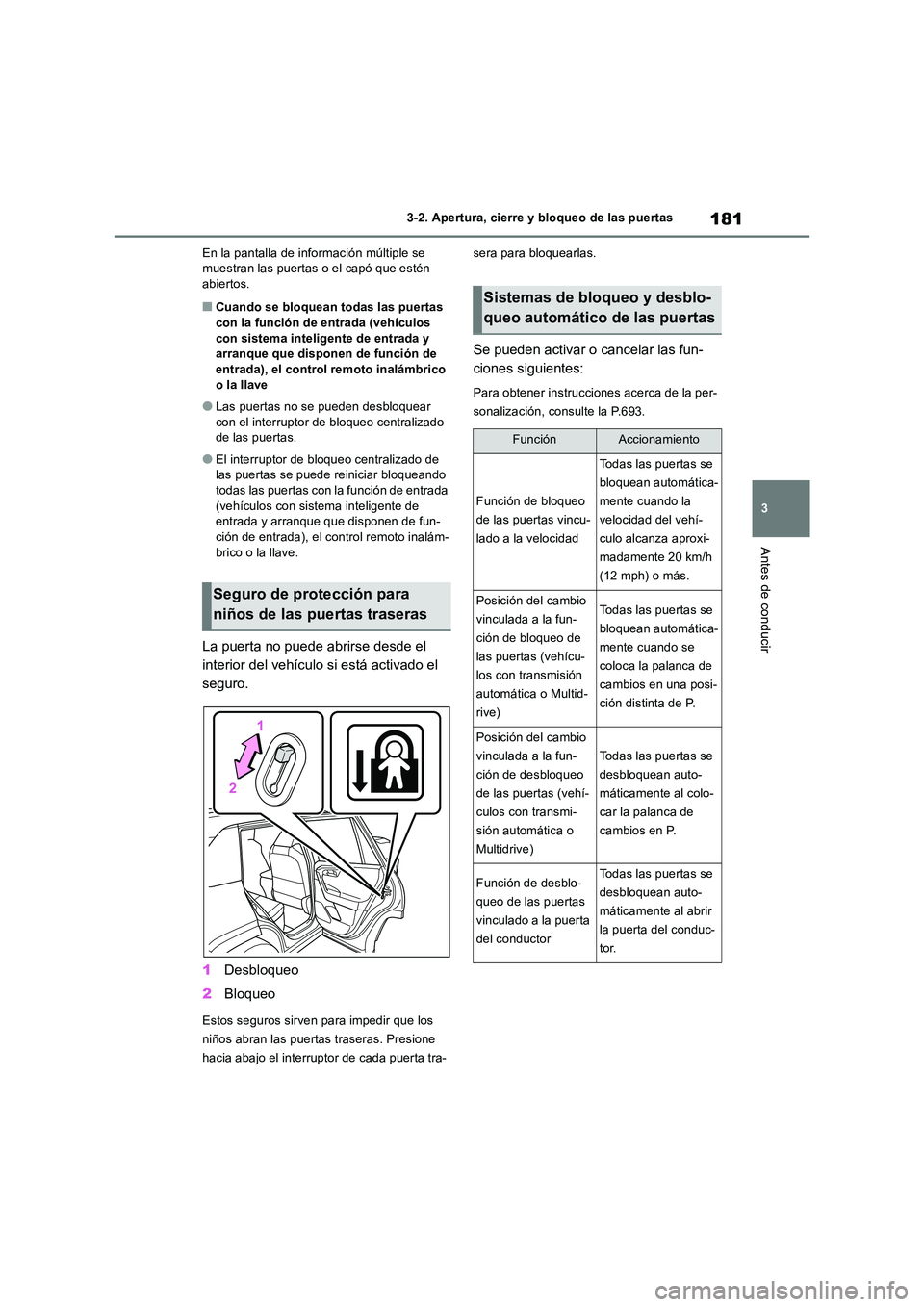 TOYOTA RAV4 2018 Manual del propietario (in Spanish) 181
3
3-2. Apertura, cierre y bloqueo de las puertas
Antes de conducir
En la pantalla de información múltiple se muestran las puertas o el capó que estén abiertos.
■Cuando se bloquean todas la TOYOTA RAV4 2018 Manual del propietario (in Spanish) 181
3
3-2. Apertura, cierre y bloqueo de las puertas
Antes de conducir
En la pantalla de información múltiple se muestran las puertas o el capó que estén abiertos.
■Cuando se bloquean todas la