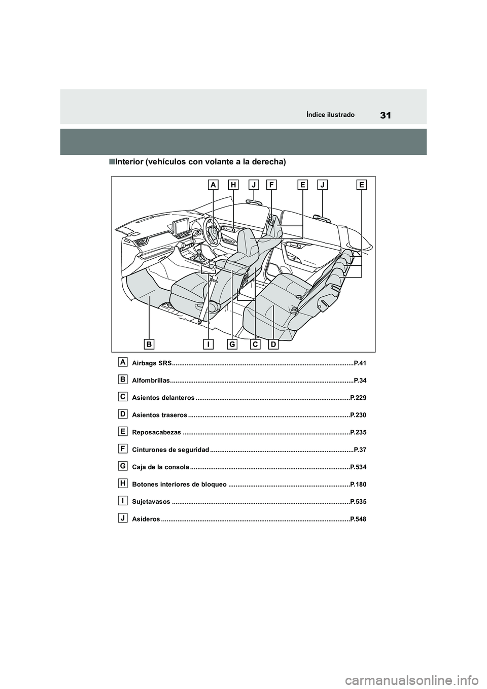 TOYOTA RAV4 2018  Manual del propietario (in Spanish) 31Índice ilustrado
■Interior (vehículos con volante a la derecha)
Airbags SRS....................................................................................................P.41
Alfombrillas..