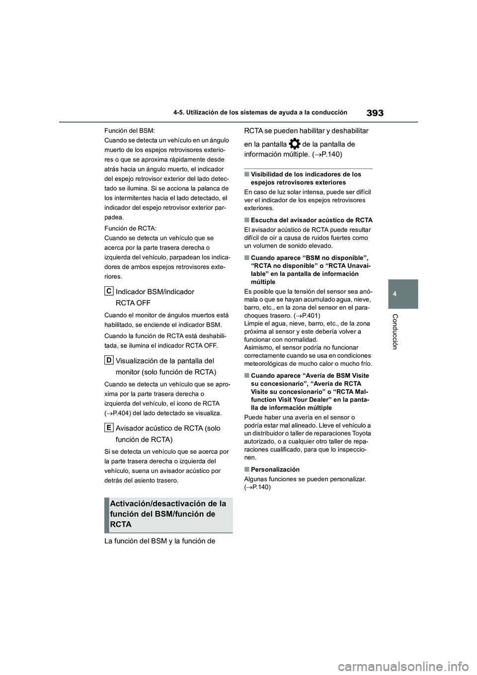 TOYOTA RAV4 2018  Manual del propietario (in Spanish) 393
4 4-5. Utilización de los sistemas de ayuda a la conducción
Conducción
Función del BSM:
Cuando se detecta un vehículo en un ángulo 
muerto de los espejos retrovisores exterio-
res o que se a