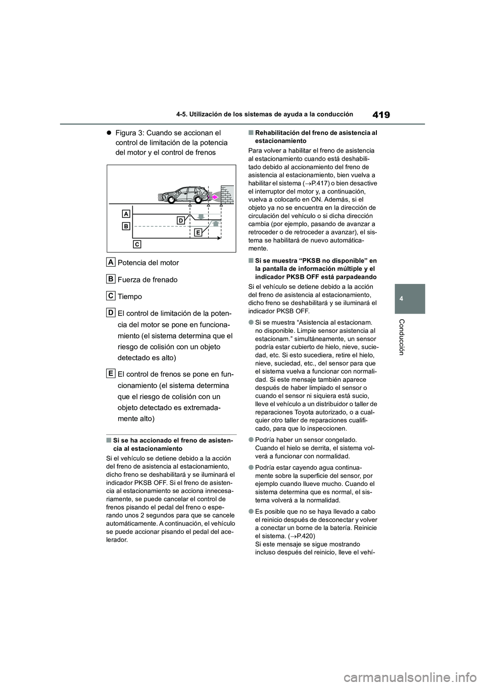 TOYOTA RAV4 2018  Manual del propietario (in Spanish) 419
4 4-5. Utilización de los sistemas de ayuda a la conducción
Conducción
Figura 3: Cuando se accionan el 
control de limitación de la potencia 
del motor y el control de frenos
Potencia del m