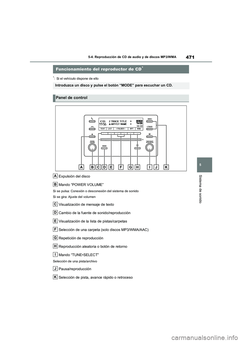 TOYOTA RAV4 2018  Manual del propietario (in Spanish) 471
5 5-4. Reproducción de CD de audio y de discos MP3/WMA
Sistema de sonido
5-4.Reproduc ció n d e C D de  a udio  y  de  disc os  MP3/WMA
*: Si el vehículo dispone de ello
Expulsión del disco
Ma