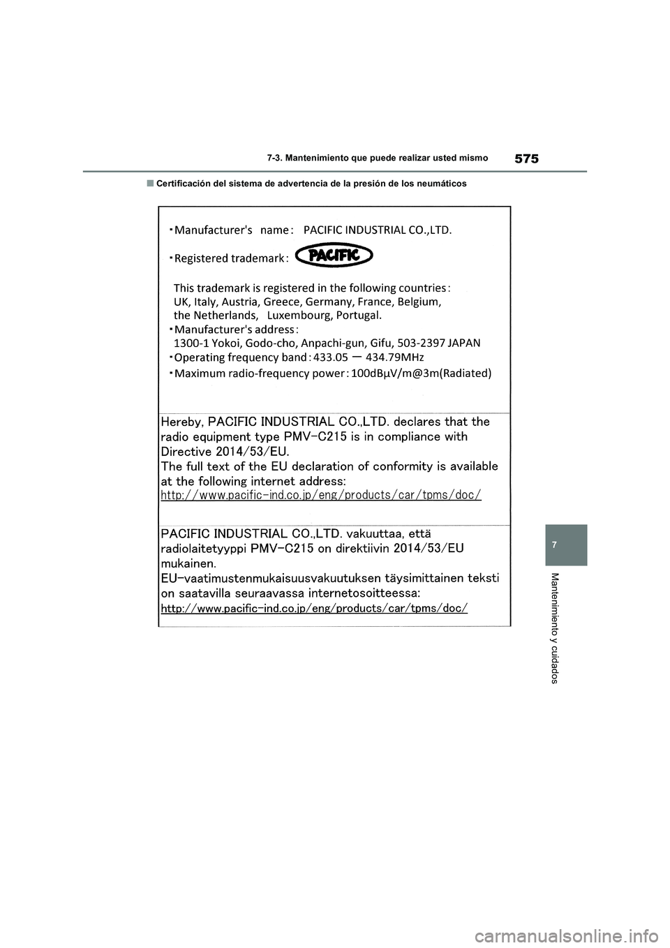 TOYOTA RAV4 2018  Manual del propietario (in Spanish) 575
7 7-3. Mantenimiento que puede realizar usted mismo
Mantenimiento y cuidados
■Certificación del sistema de advertencia de la presión de los neumáticos 