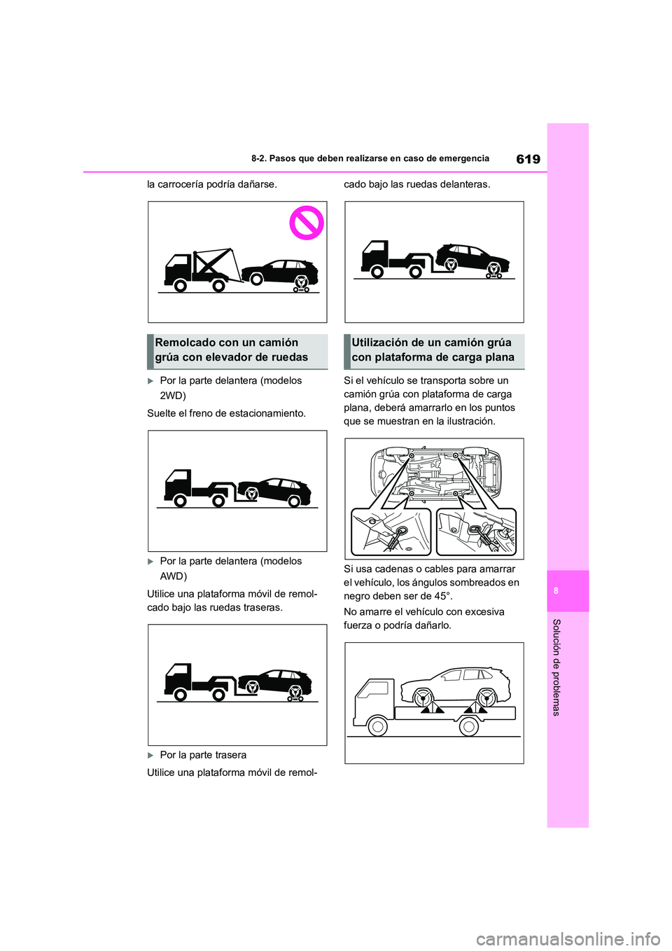 TOYOTA RAV4 2018  Manual del propietario (in Spanish) 619
8 
8-2. Pasos que deben realizarse en caso de emergencia
Solución de problemas
la carrocería podría dañarse.
Por la parte delantera (modelos  
2WD) 
Suelte el freno de estacionamiento.
P