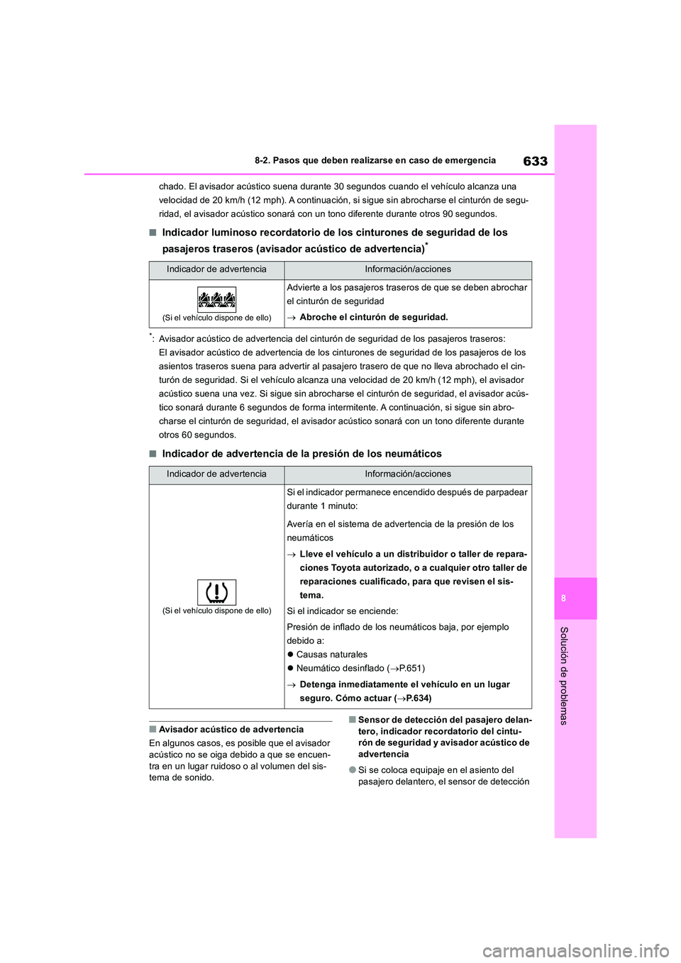 TOYOTA RAV4 2018  Manual del propietario (in Spanish) 633
8 
8-2. Pasos que deben realizarse en caso de emergencia
Solución de problemas
chado. El avisador acústico  suena durante 30 segundos cuando el vehículo alcanza una  
velocidad de 20 km/h (12 m