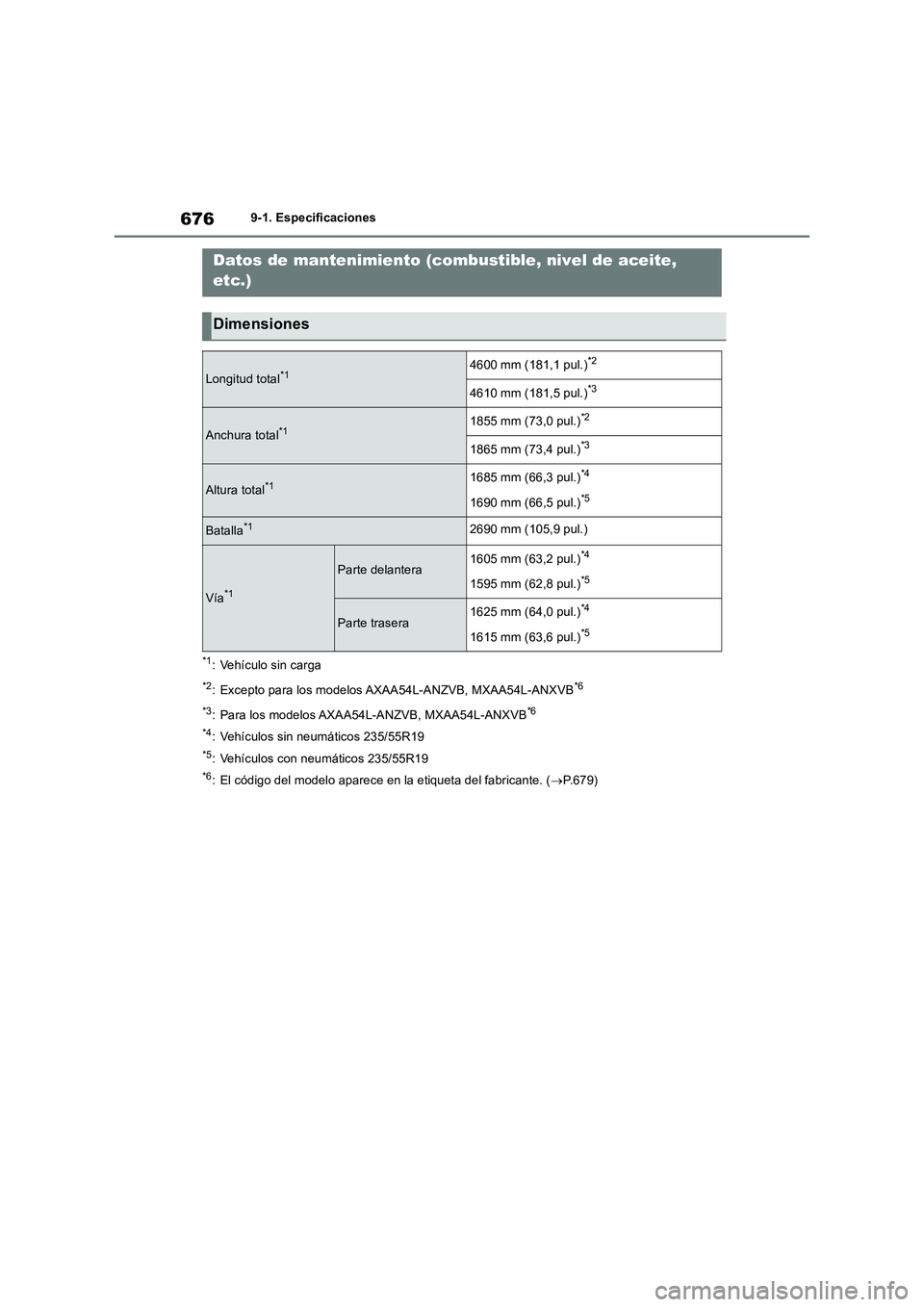 TOYOTA RAV4 2018  Manual del propietario (in Spanish) 6769-1. Especificaciones
9-1.Espe cificacione s
*1: Vehículo sin carga
*2: Excepto para los modelos AXAA54L-ANZVB, MXAA54L-ANXVB*6
*3
: Para los modelos AXAA54L-ANZVB, MXAA54L-ANXVB*6
*4
: Vehículos