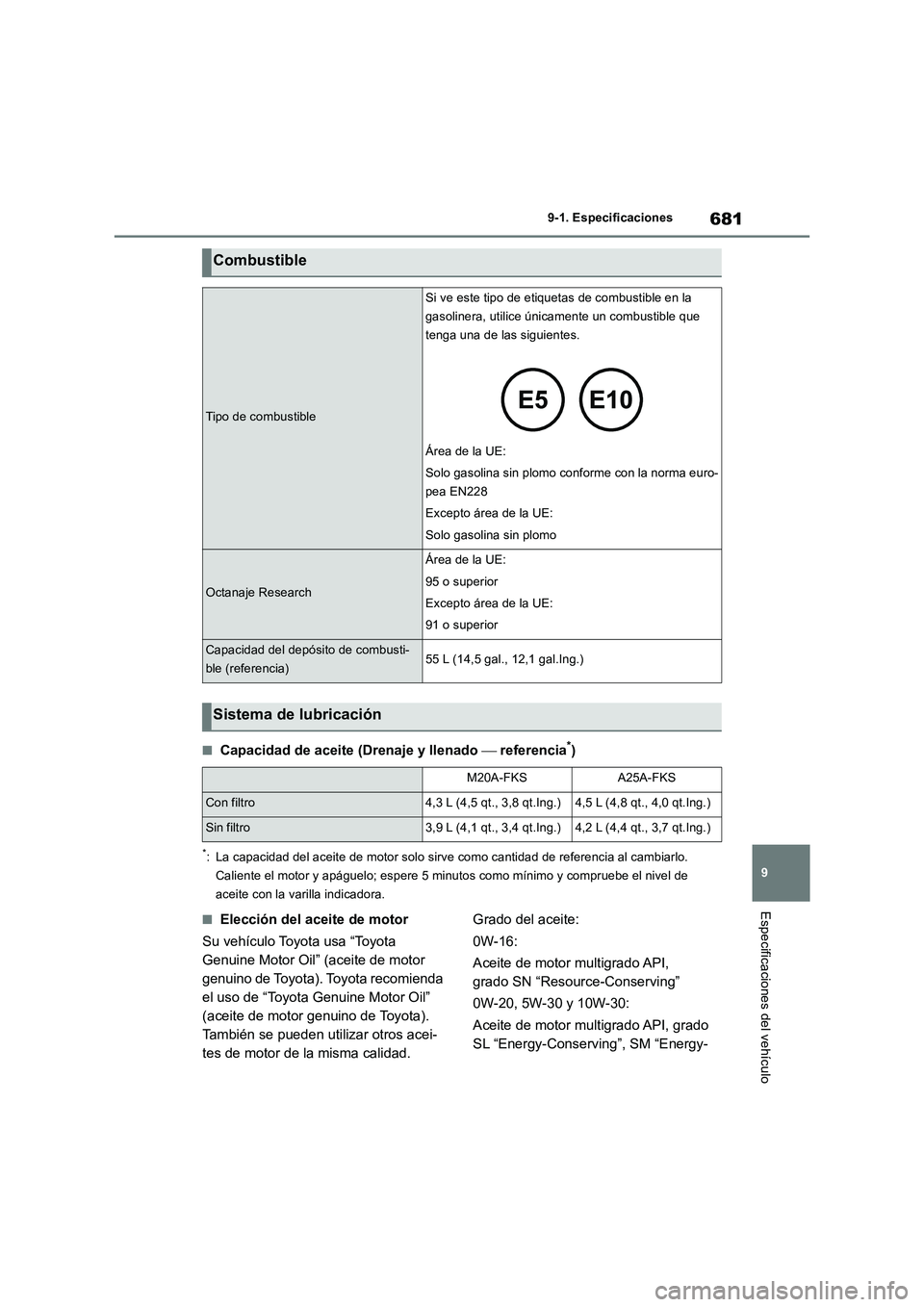 TOYOTA RAV4 2018  Manual del propietario (in Spanish) 681
9 9-1. Especificaciones
Especificaciones del vehículo
■Capacidad de aceite (Drenaje y llenado  referencia*)
*: La capacidad del aceite de motor solo sirve como cantidad de referencia al camb