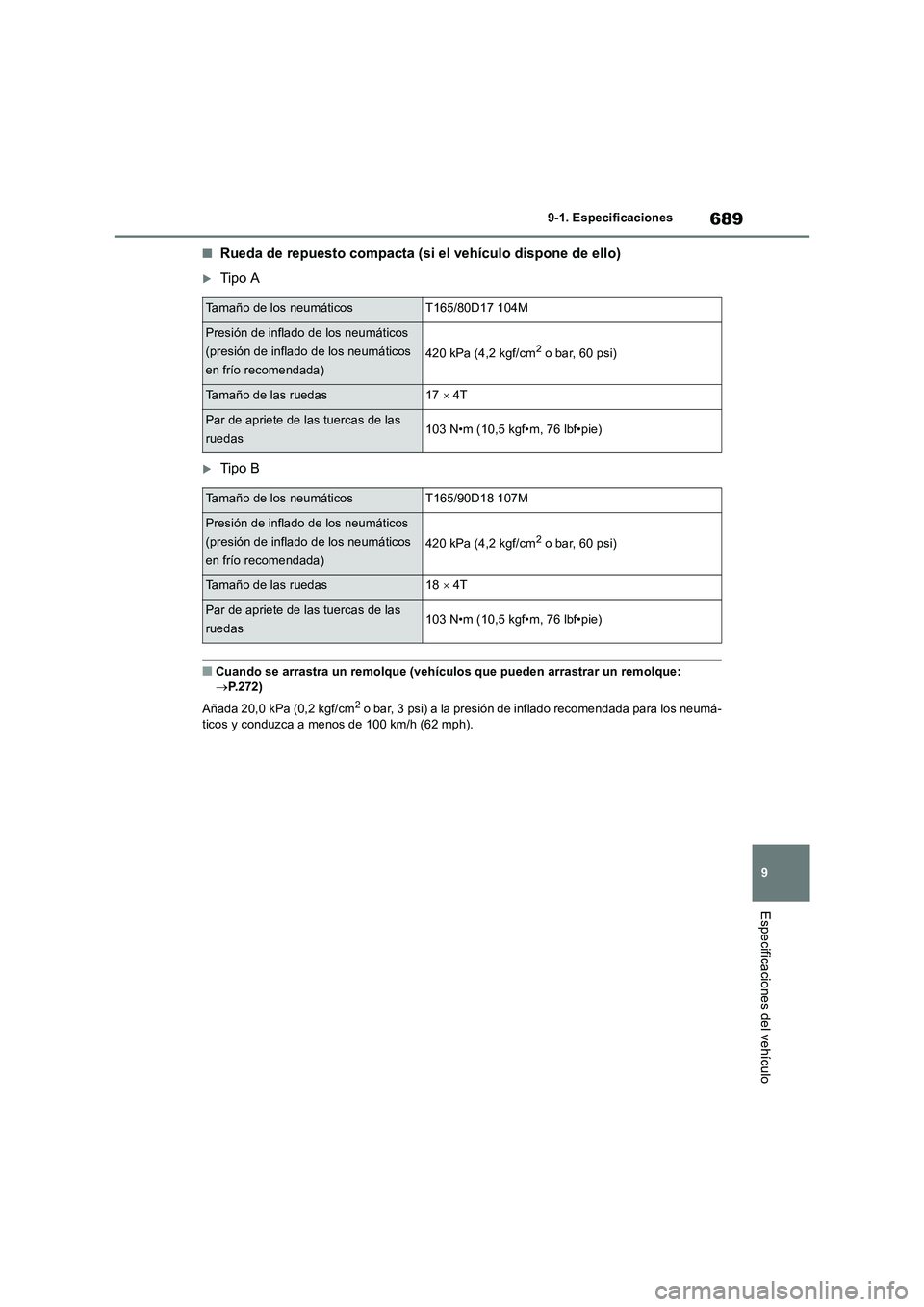 TOYOTA RAV4 2018  Manual del propietario (in Spanish) 689
9 9-1. Especificaciones
Especificaciones del vehículo
■Rueda de repuesto compacta (si el vehículo dispone de ello)
Tipo A
Tipo B
■Cuando se arrastra un remolque (vehículos que pueden 
