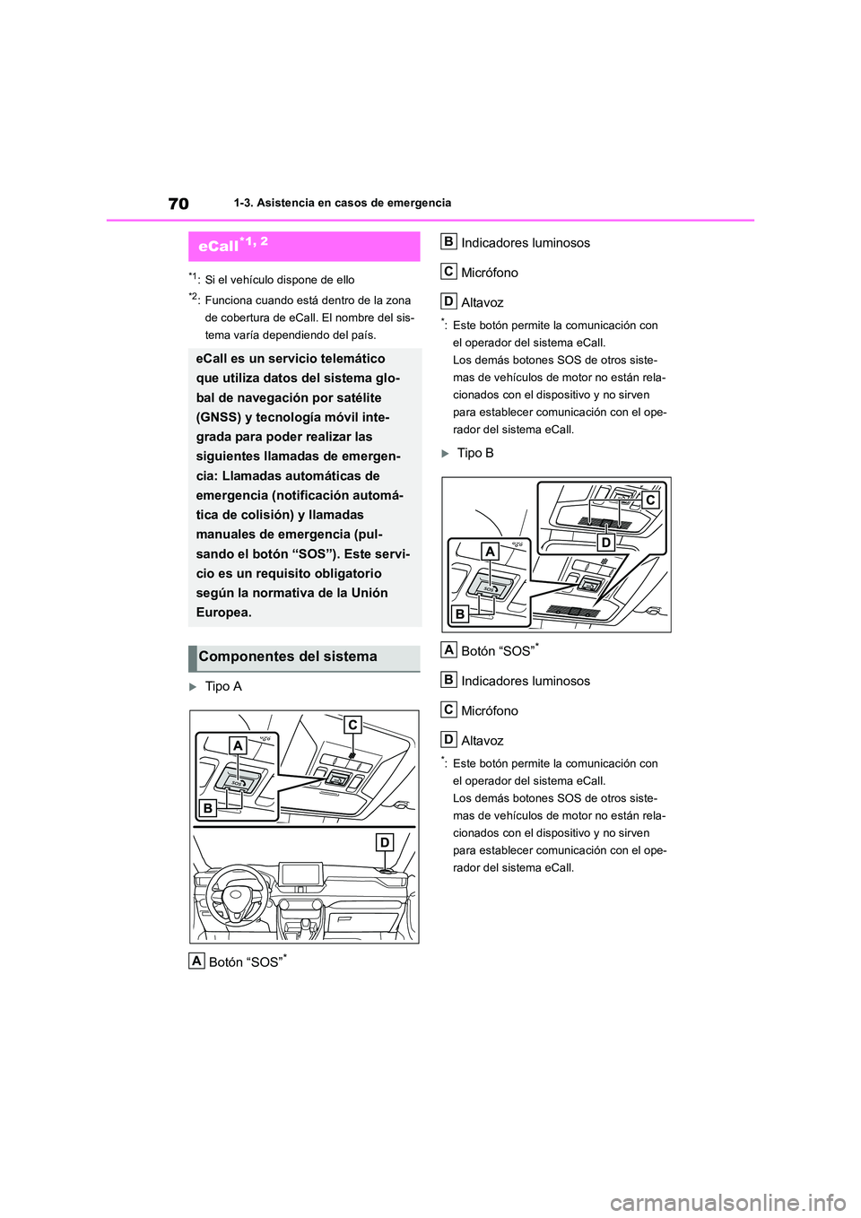 TOYOTA RAV4 2018  Manual del propietario (in Spanish) 701-3. Asistencia en casos de emergencia
1-3.Asistencia en cas os de emergencia
*1: Si el vehículo dispone de ello
*2: Funciona cuando está dentro de la zona  
de cobertura de eCall. El nombre del s