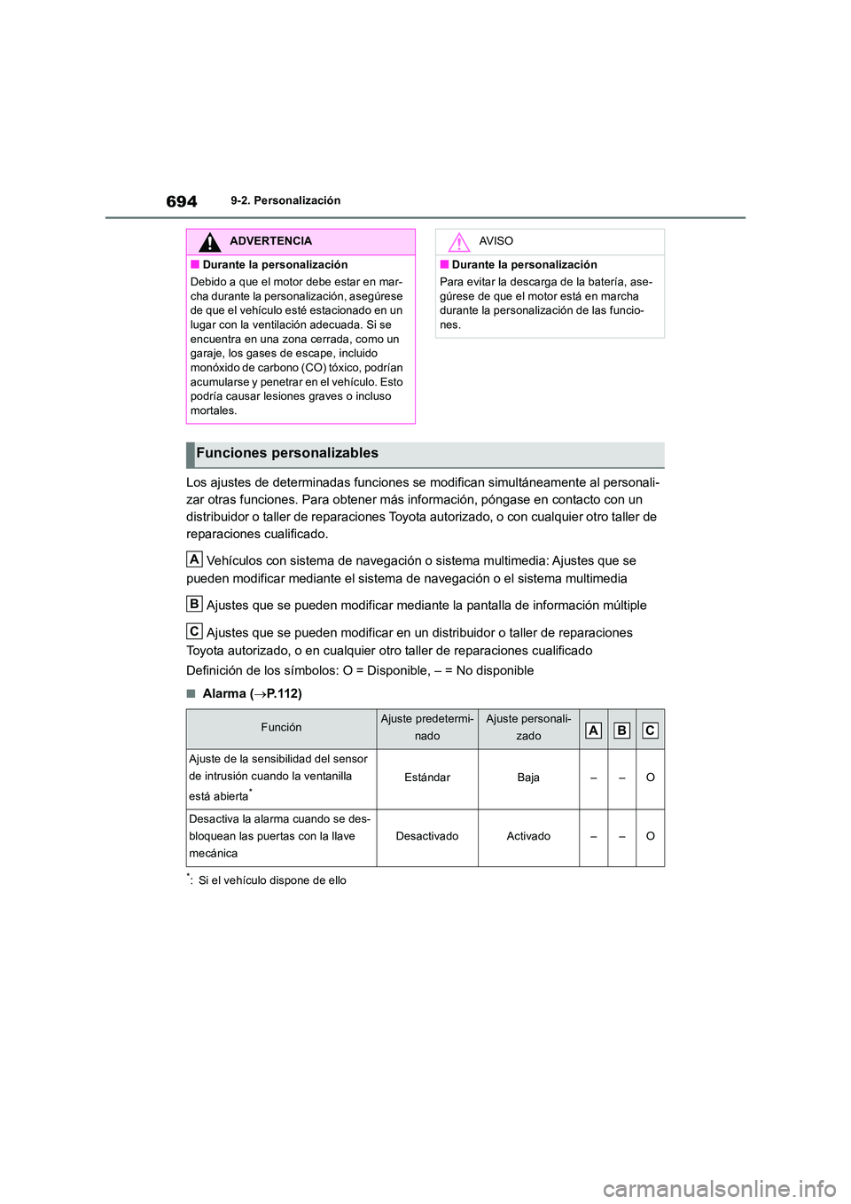 TOYOTA RAV4 2018 Manual del propietario (in Spanish) 6949-2. Personalización
Los ajustes de determinadas funciones se modifican simultáneamente al personali-
zar otras funciones. Para obtener más información, póngase en contacto con un
distribuid TOYOTA RAV4 2018 Manual del propietario (in Spanish) 6949-2. Personalización
Los ajustes de determinadas funciones se modifican simultáneamente al personali-
zar otras funciones. Para obtener más información, póngase en contacto con un
distribuid