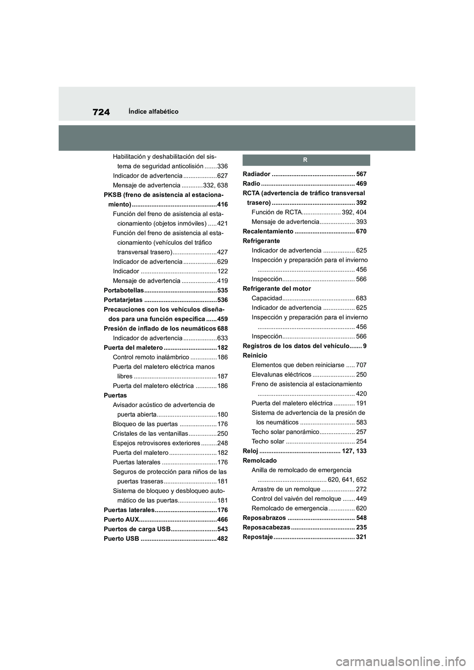 TOYOTA RAV4 2018  Manual del propietario (in Spanish) 724Índice alfabético
Habilitación y deshabilitación del sis-
tema de seguridad anticolisión ....... 336
Indicador de advertencia ................... 627
Mensaje de advertencia ............ 332, 6