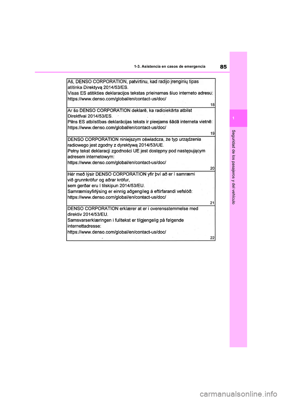 TOYOTA RAV4 2018  Manual del propietario (in Spanish) 85
1 
1-3. Asistencia en casos de emergencia
Seguridad de los pasajeros y del vehículo 
