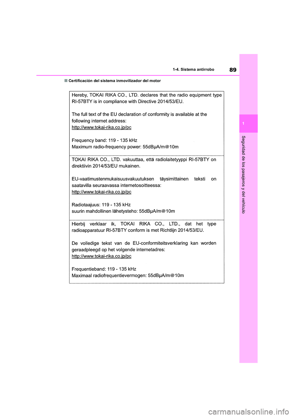 TOYOTA RAV4 2018  Manual del propietario (in Spanish) 89
1 
1-4. Sistema antirrobo
Seguridad de los pasajeros y del vehículo
■Certificación del sistema inmovilizador del motor 