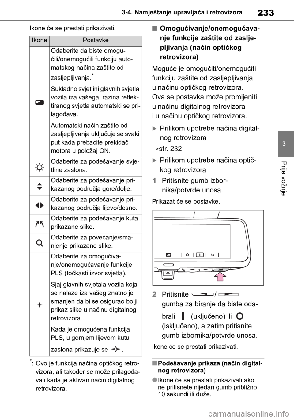 TOYOTA RAV4 2018  Upute Za Rukovanje (in Croatian) 233
3 3-4. Namještanje upravljača i retrovizora
Prije vožnje
Ikone će se prestati prikazivati.
*: Ovo je funkcija načina optičkog retro-
vizora, ali također se može prilagođa-
vati kada je ak
