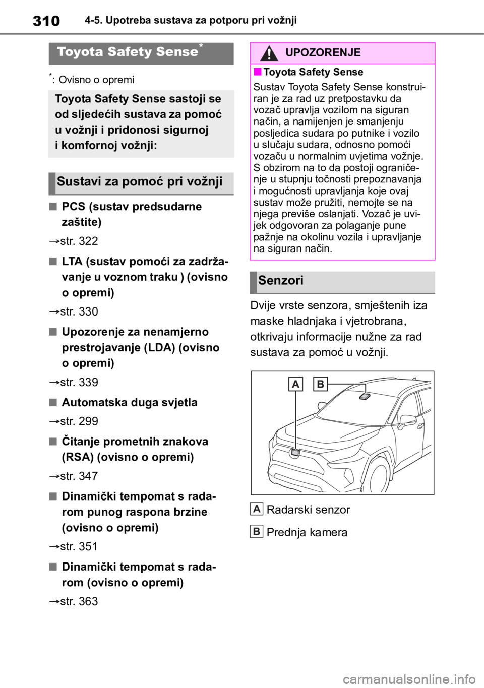 TOYOTA RAV4 2018  Upute Za Rukovanje (in Croatian) 3104-5. Upotreba sustava za potporu pri vožnji
4-5.Upotreba sustava za potporu pri vožnji
*: Ovisno o opremi
■PCS (sustav predsudarne 
zaštite)
str. 322
■LTA (sustav pomoći za zadrža-
vanj
