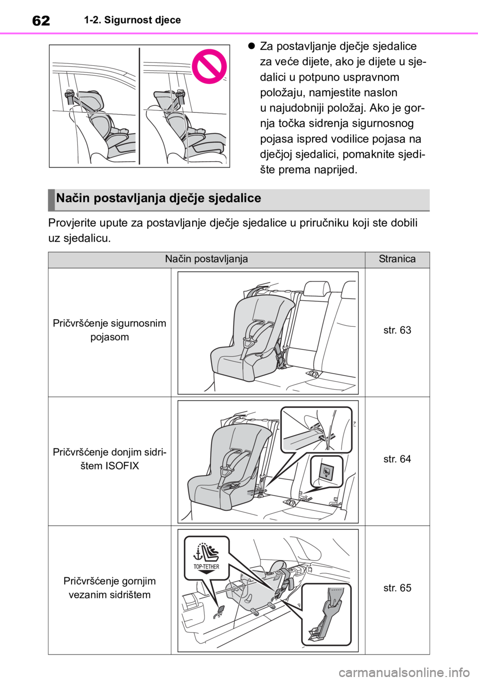 TOYOTA RAV4 2018  Upute Za Rukovanje (in Croatian) 621-2. Sigurnost djece
Za postavljanje dječje sjedalice 
za veće dijete, ako je dijete u sje-
dalici u potpuno uspravnom 
položaju, namjestite naslon 
u najudobniji položaj. Ako je gor-
nja to