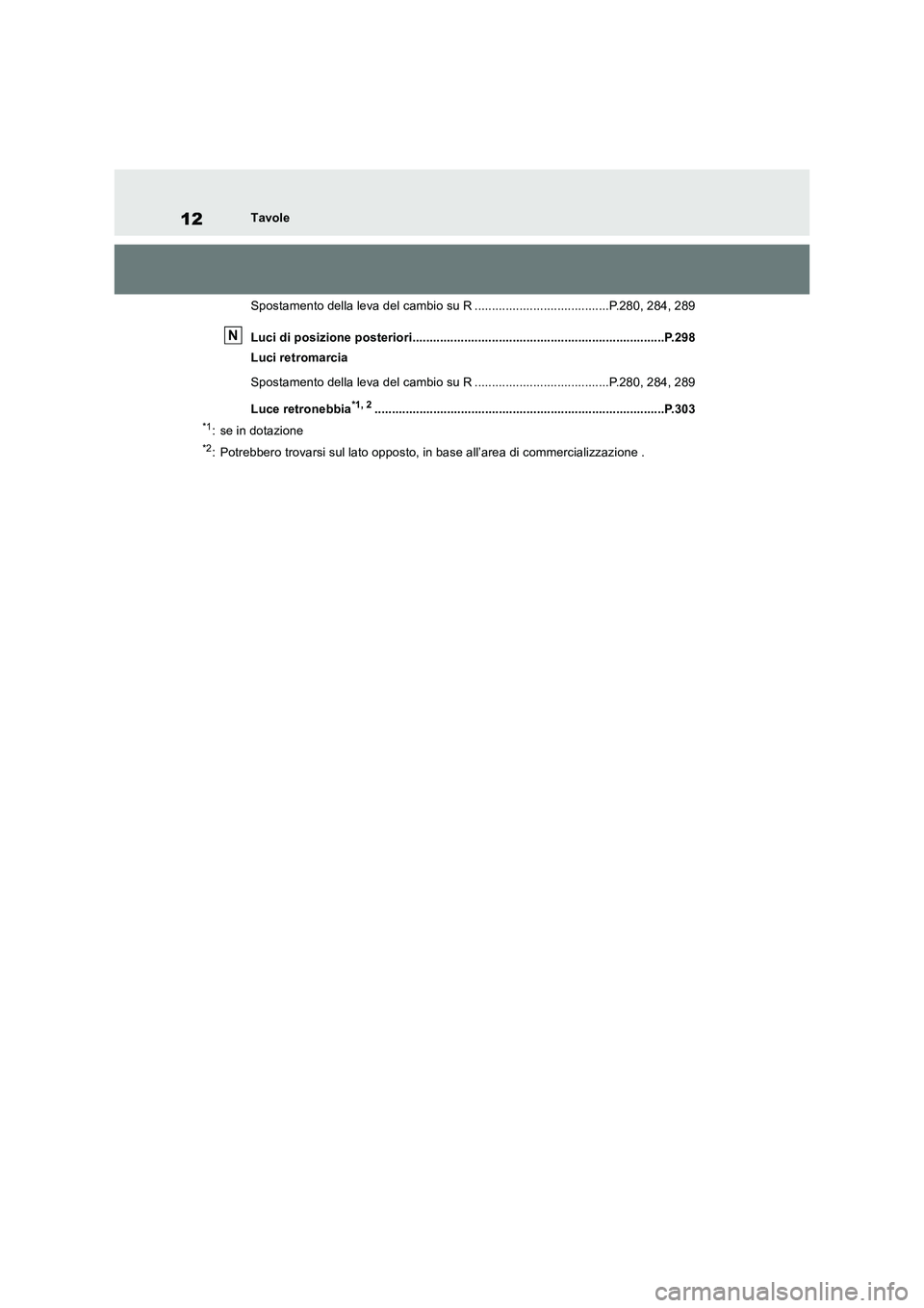 TOYOTA RAV4 2018  Manuale duso (in Italian) 12Tavole
Spostamento della leva del cambio su R .......................................P.280, 284, 289
Luci di posizione posteriori.....................................................................