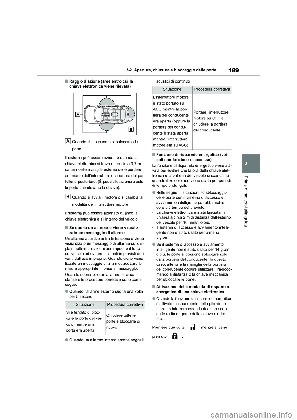 TOYOTA RAV4 2018  Manuale duso (in Italian) 189
3 
3-2. Apertura, chiusura e bloccaggio delle porte
Prima di mettersi alla guida
■Raggio d’azione (aree entro cui la  chiave elettronica viene rilevata) 
Quando si bloccano o si sbloccano le  
