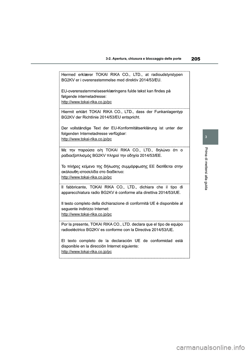 TOYOTA RAV4 2018  Manuale duso (in Italian) 205
3 3-2. Apertura, chiusura e bloccaggio delle porte
Prima di mettersi alla guida 