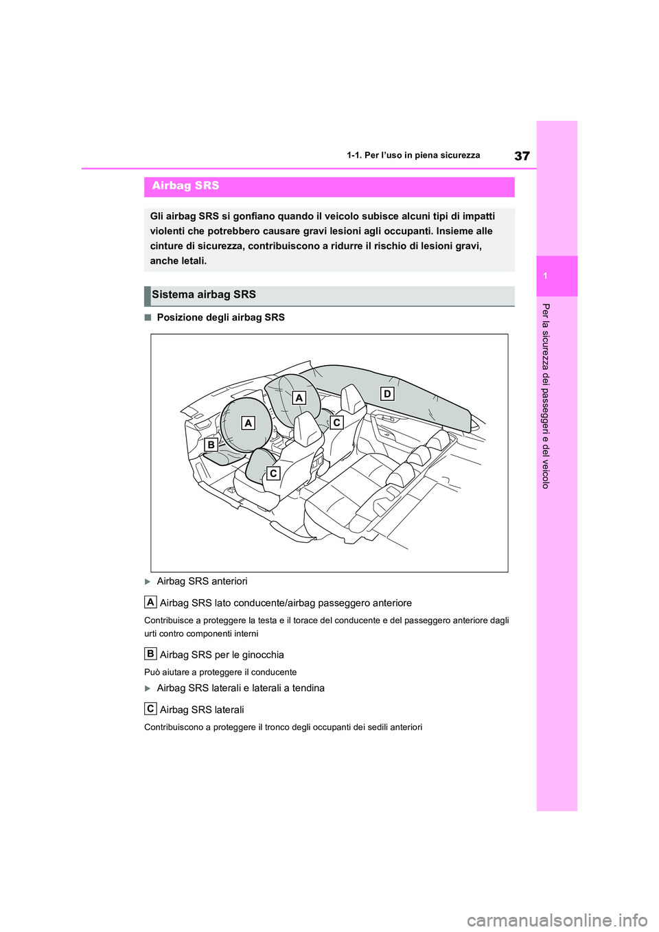 TOYOTA RAV4 2018  Manuale duso (in Italian) 37
1 
1-1. Per l’uso in piena sicurezza
Per la sicurezza dei passeggeri e del veicolo
■Posizione degli airbag SRS
Airbag SRS anteriori 
Airbag SRS lato conducente/airbag passeggero anteriore
Co
