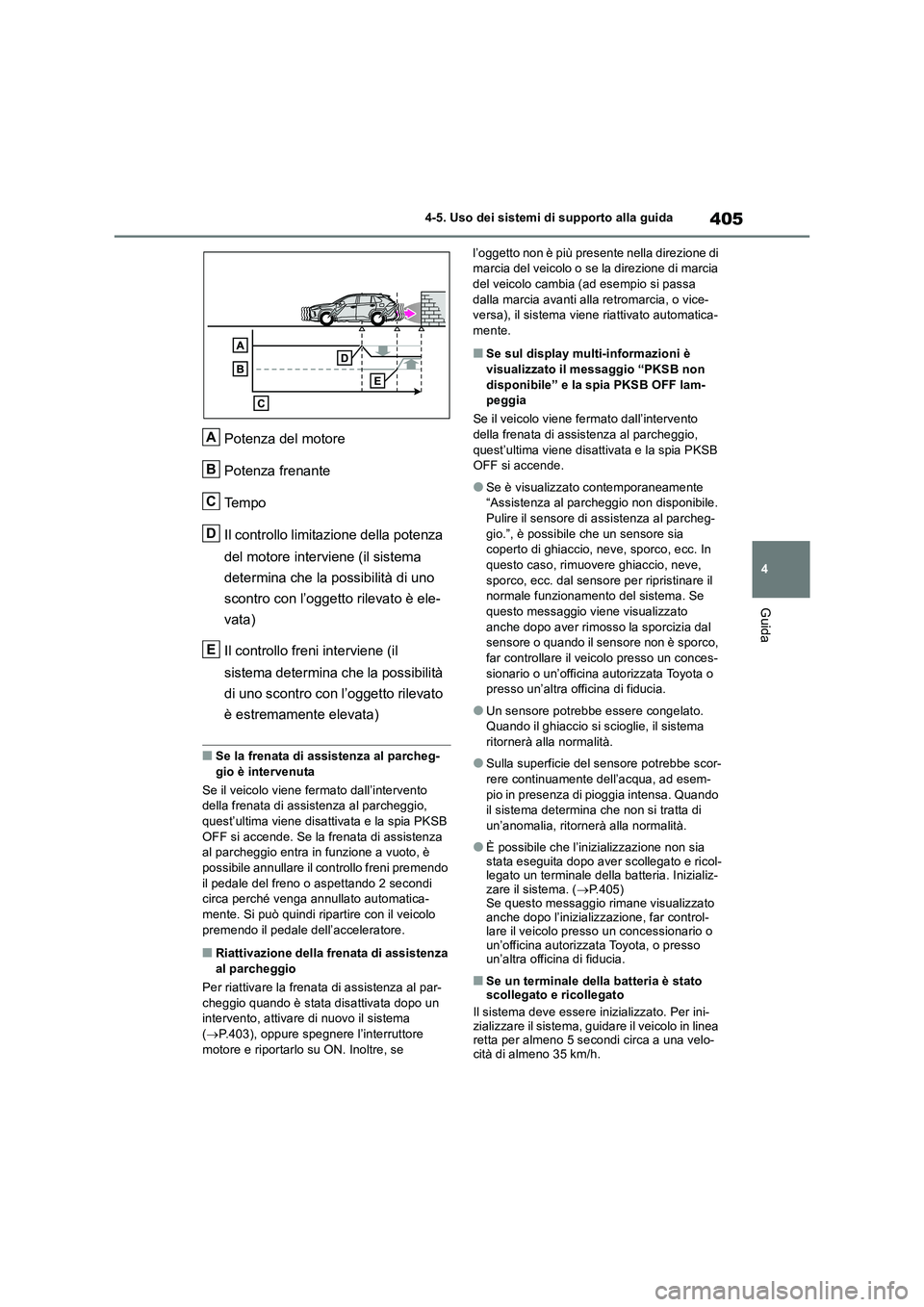 TOYOTA RAV4 2018  Manuale duso (in Italian) 405
4 4-5. Uso dei sistemi di supporto alla guida
Guida
Potenza del motore
Potenza frenante
Te m p o
Il controllo limitazione della potenza 
del motore interviene (il sistema 
determina che la possibi