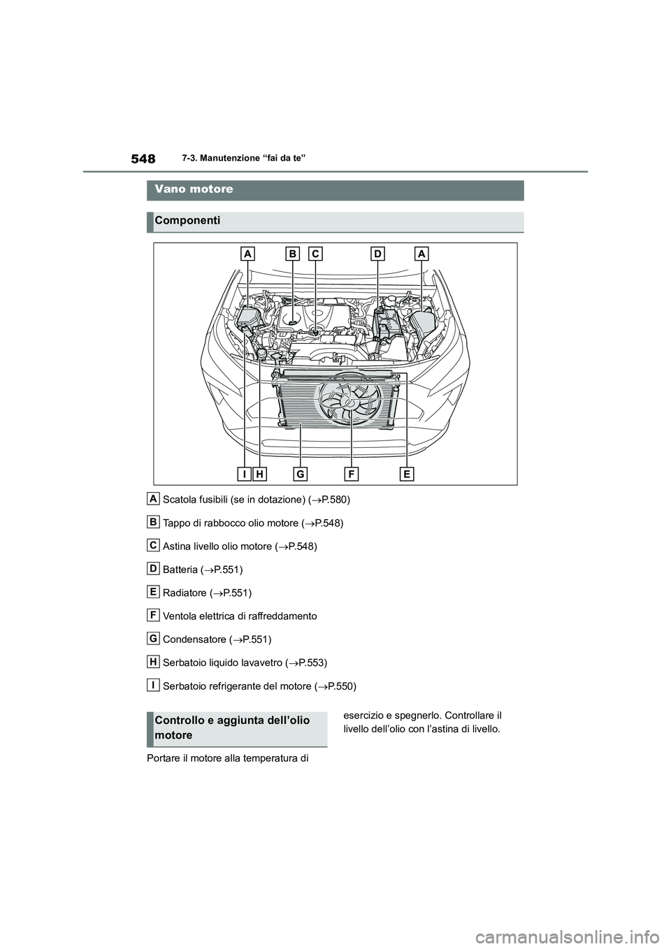 TOYOTA RAV4 2018  Manuale duso (in Italian) 5487-3. Manutenzione “fai da te”
Scatola fusibili (se in dotazione) (P.580)
Tappo di rabbocco olio motore (P. 5 4 8 )
Astina livello olio motore (P.548)
Batteria (P.551)
Radiatore (