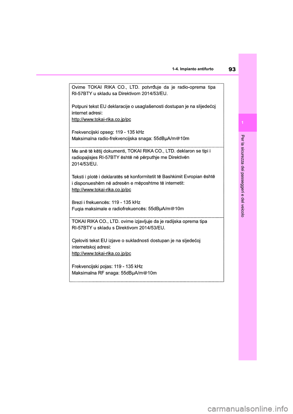 TOYOTA RAV4 2018  Manuale duso (in Italian) 93
1 
1-4. Impianto antifurto
Per la sicurezza dei passeggeri e del veicolo 