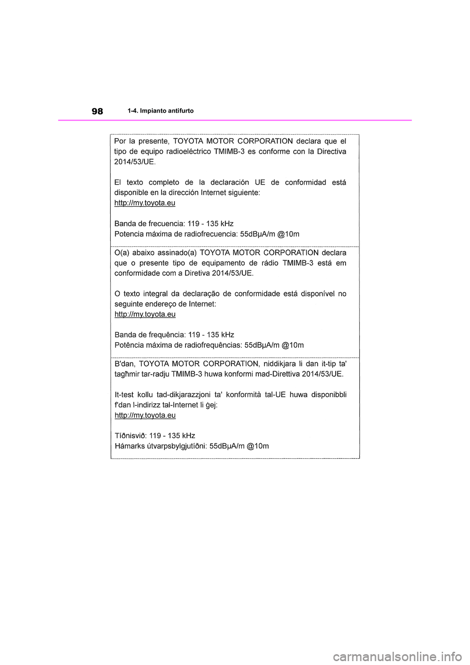 TOYOTA RAV4 2018  Manuale duso (in Italian) 981-4. Impianto antifurto 