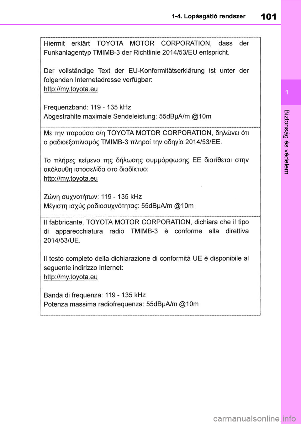 TOYOTA RAV4 2018  Kezelési útmutató (in Hungarian) 101
1
1-4. Lopásgátló rendszer
Biztonság és védelem 