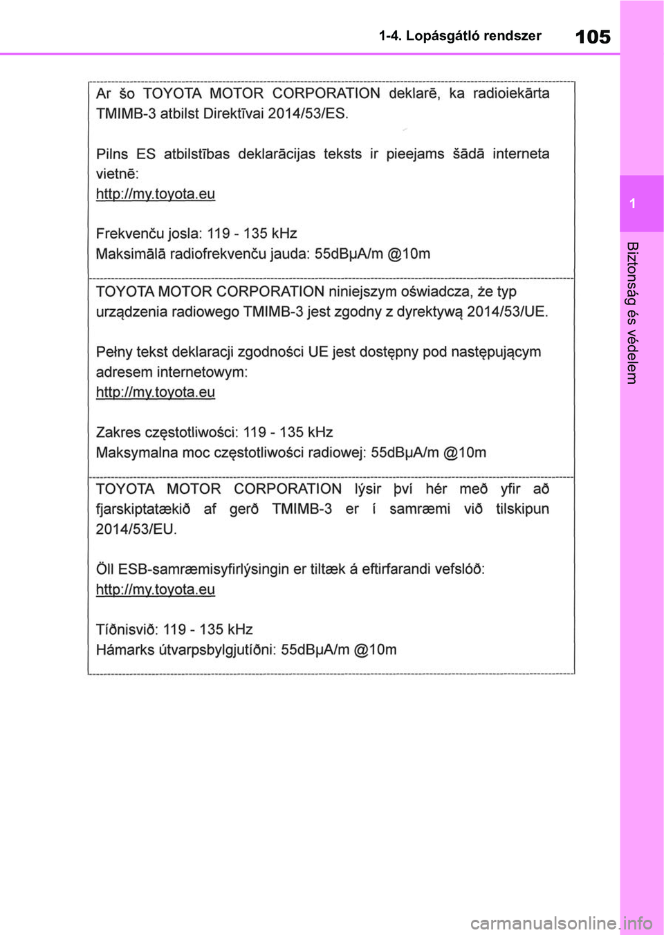 TOYOTA RAV4 2018  Kezelési útmutató (in Hungarian) 105
1
1-4. Lopásgátló rendszer
Biztonság és védelem 