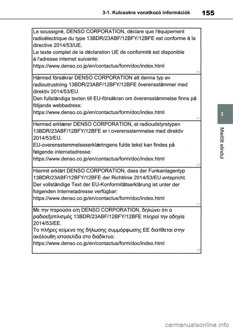 TOYOTA RAV4 2018  Kezelési útmutató (in Hungarian) 155
3
3-1. Kulcsokra vonatkozó információk
Mielőtt elindul 
