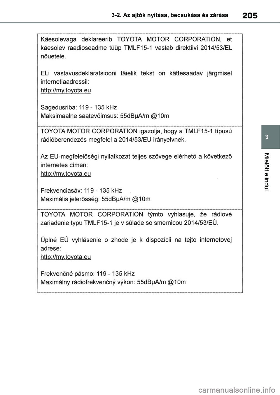 TOYOTA RAV4 2018  Kezelési útmutató (in Hungarian) 205
3
3-2. Az ajtók nyitása, becsukása és zárása
Mielőtt elindul 