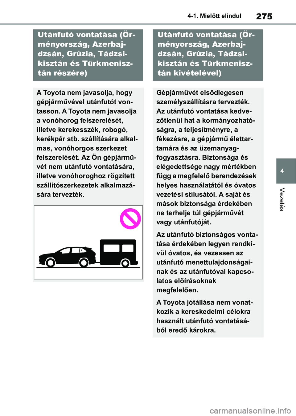 TOYOTA RAV4 2018 Kezelési útmutató (in Hungarian) 275
4
4-1. Mielőtt elindul
Vezetés
Utánfutó vontatása (Ör-
ményország, Azerbaj-
dzsán, Grúzia, Tádzsi-
kisztán és Türkmenisz-
tán részére)
A Toyota nem javasolja, hogy
gépjárművé TOYOTA RAV4 2018 Kezelési útmutató (in Hungarian) 275
4
4-1. Mielőtt elindul
Vezetés
Utánfutó vontatása (Ör-
ményország, Azerbaj-
dzsán, Grúzia, Tádzsi-
kisztán és Türkmenisz-
tán részére)
A Toyota nem javasolja, hogy
gépjárművé